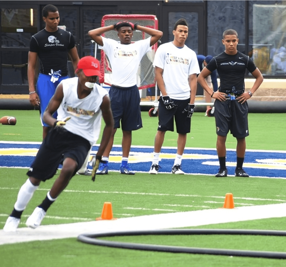 Athletes training on a football field.